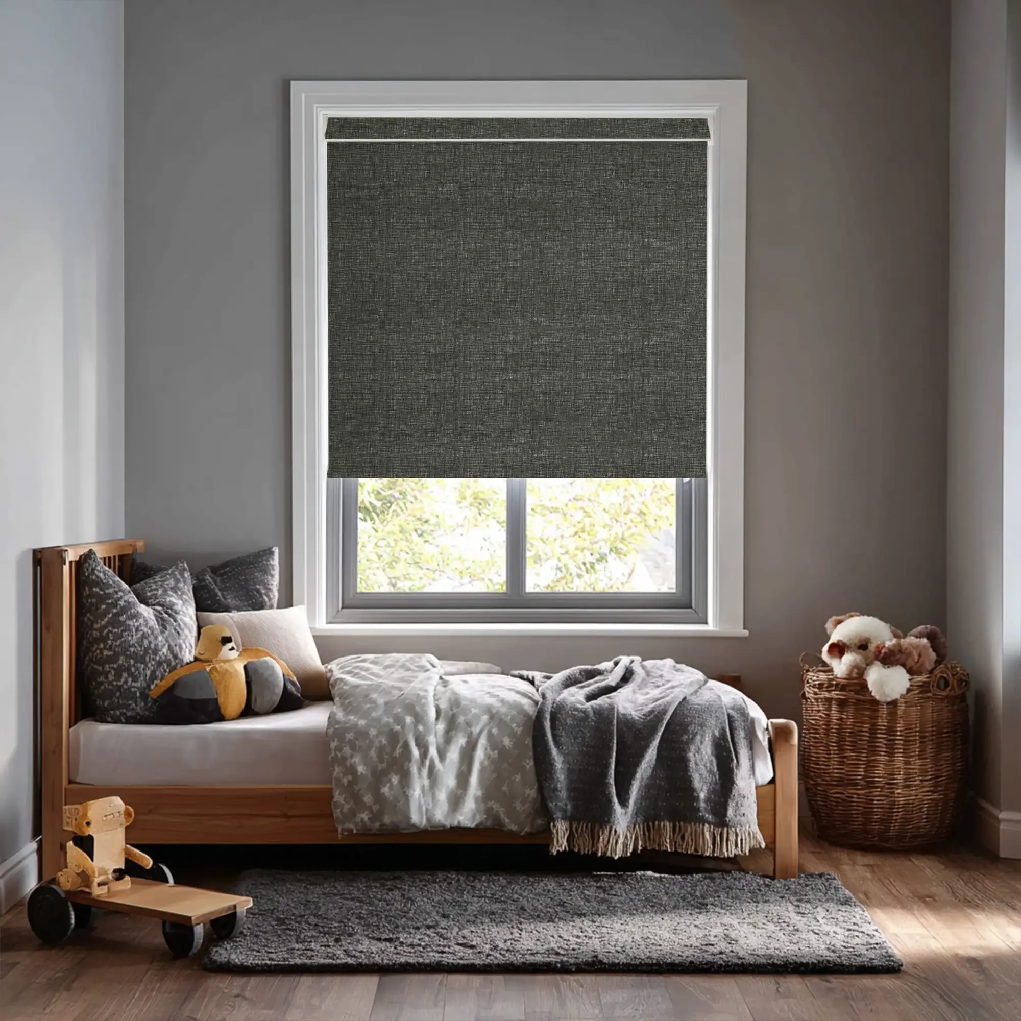 Linen Charcoal Blackout Electric Roller Blind
