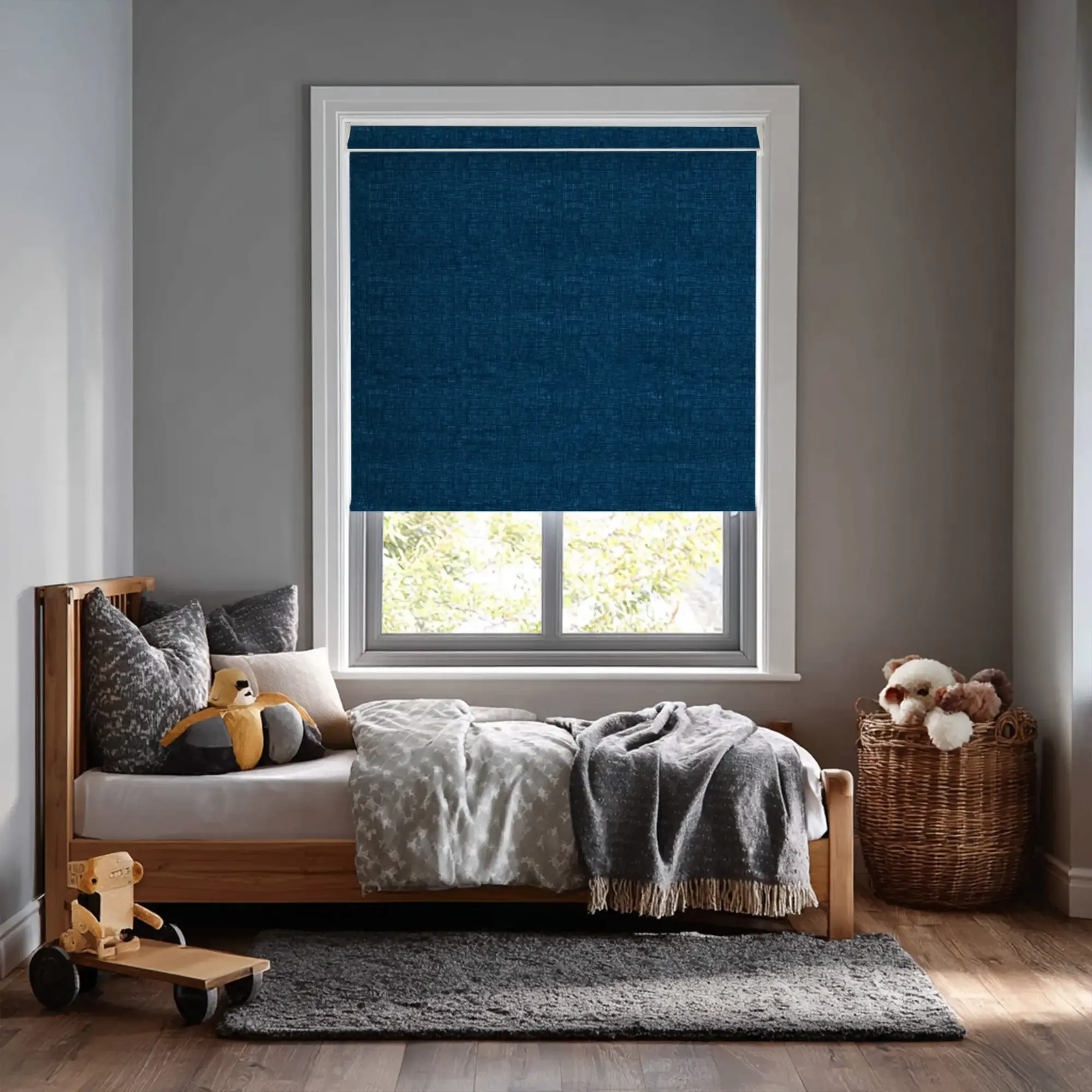 Linen Navy Blue Blackout Electric Roller Blind